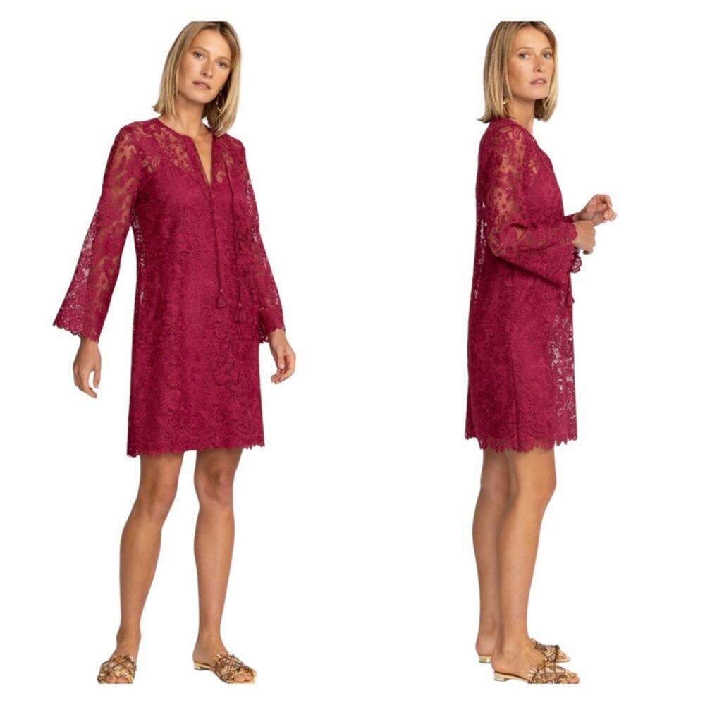 Johnny Was Harper Recycled Lace Long Bell Sleeve Mini Dress in Red Small NWT